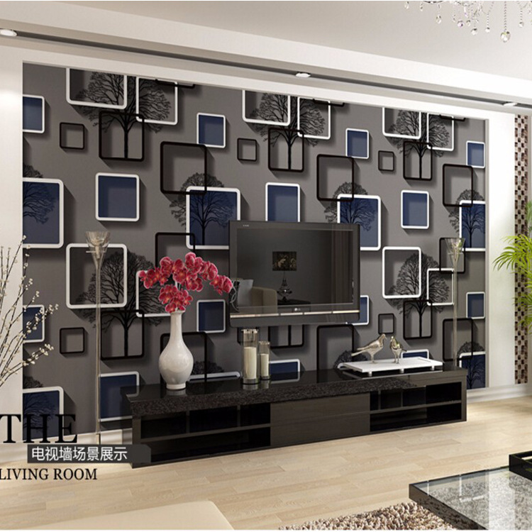3D stereo square lattice wallpaper abstract black and white branch wallpaper bedroom living room TV background wall wallpaper blue Application Scenario