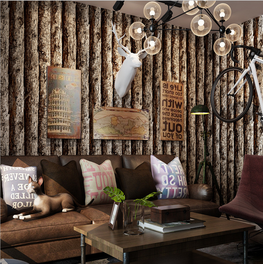 3d three-dimensional retro imitation wood wallpaper clothing store solid wood wood color simulation bark wood wallpaper homestayers Application Scenario