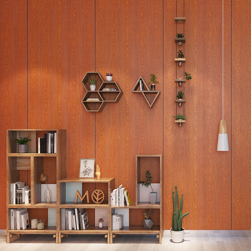Chinese style 3d wood grain wallpaper wood color mahogany color hotel restaurant box hotel bedside background wall PVC wallpaper Application Scenario