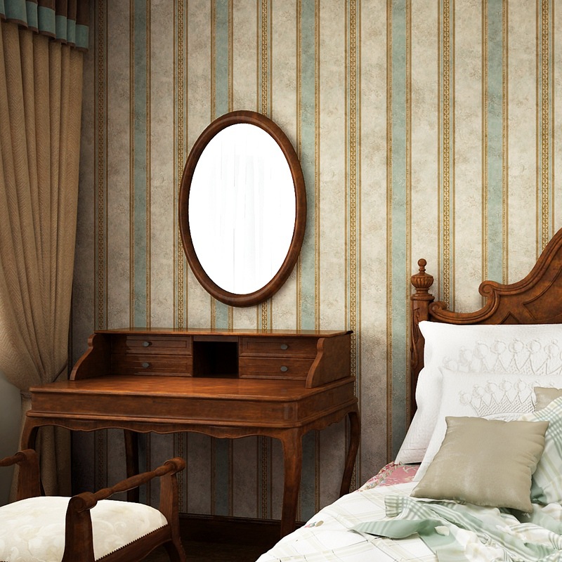 American country vertical stripe retro blue wallpaper non-woven bedroom warm living room TV background wall wallpaper details Picture
