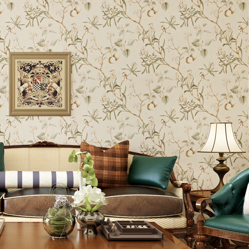 American country retro do old pastoral non-woven wallpaper apple tree flowers and birds bedroom living room stereo background wallpaper Item Picture