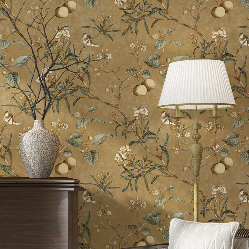 American country retro do old pastoral non-woven wallpaper apple tree flowers and birds bedroom living room stereo background wallpaper details Picture