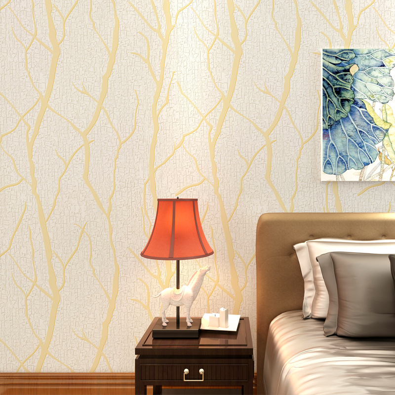 European bedroom warm wallpaper 3D three-dimensional branch striped deerskin velvet wallpaper simple living room TV background wallpaper Specification drawing
