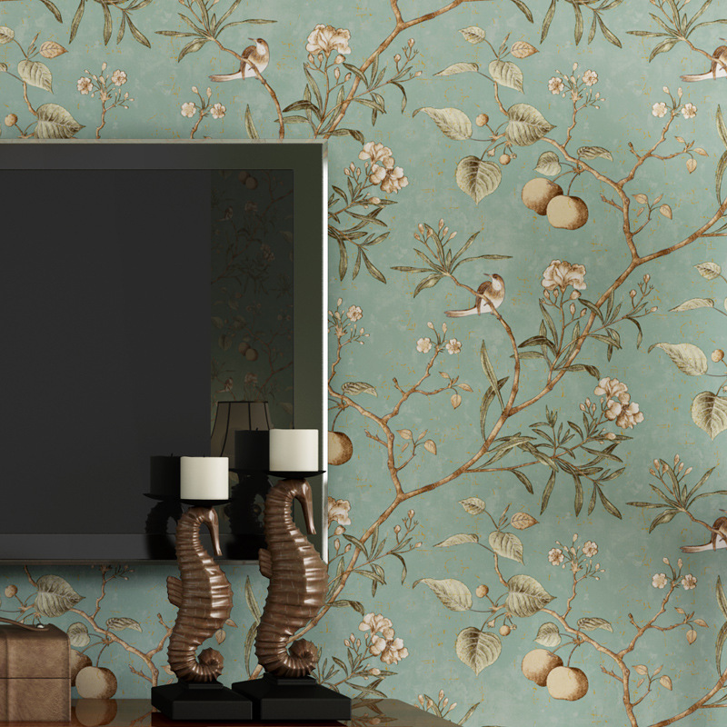 American country retro do old pastoral non-woven wallpaper apple tree flowers and birds bedroom living room stereo background wallpaper Application Scenario
