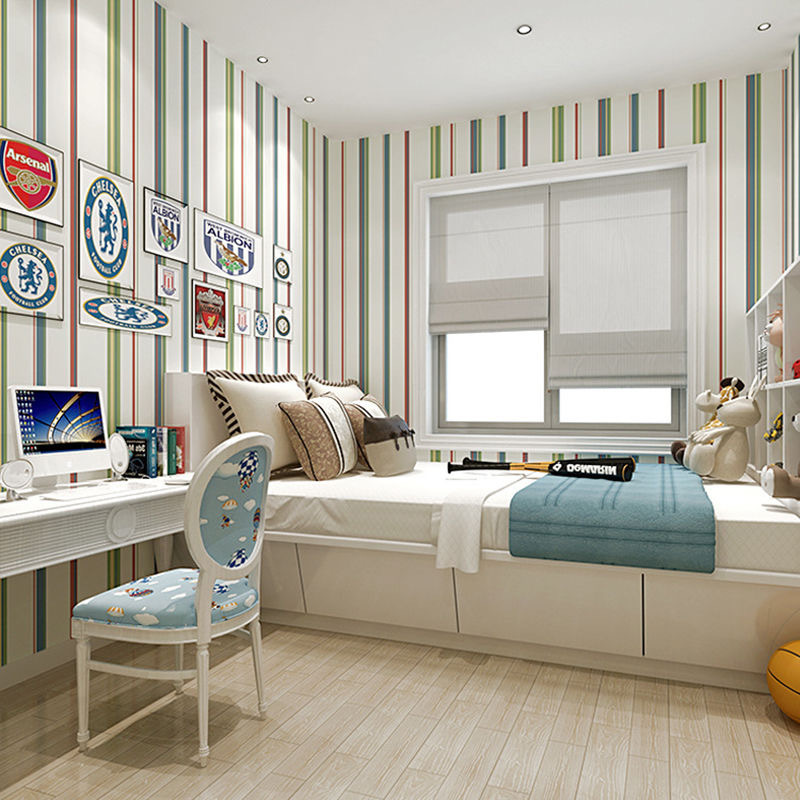 Simple Mediterranean vertical stripe wallpaper children's room bedroom background wall hotel background wall pinstripe wallpaper Application Scenario