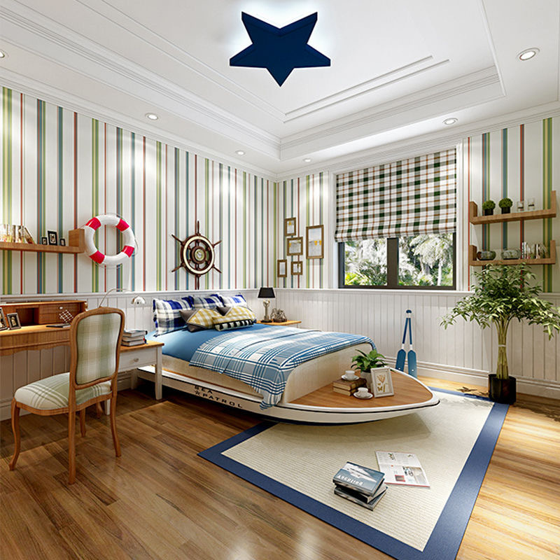 Simple Mediterranean vertical stripe wallpaper children's room bedroom background wall hotel background wall pinstripe wallpaper Specification drawing