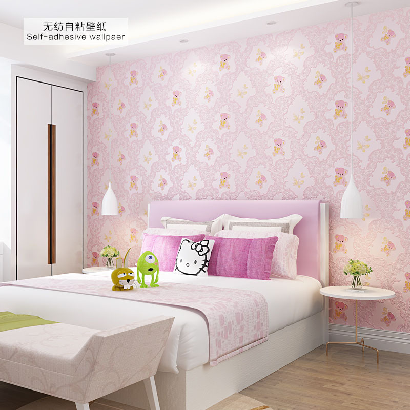 Self-adhesive wallpaper Children's room cartoon bear Boy Girl Bedroom cute pink princess room 3d non-woven wallpaper Specification drawing