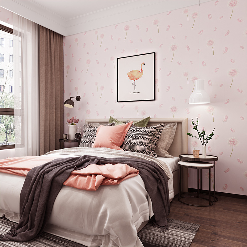 Self-adhesive wallpaper pink dandelion girl background wall Bedroom children's room Princess room marriage room non-woven wallpaper Specification drawing