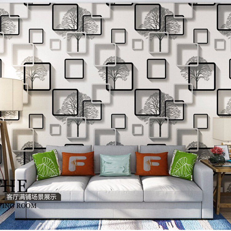 3D stereo square lattice wallpaper abstract black and white branch wallpaper bedroom living room TV background wall wallpaper blue