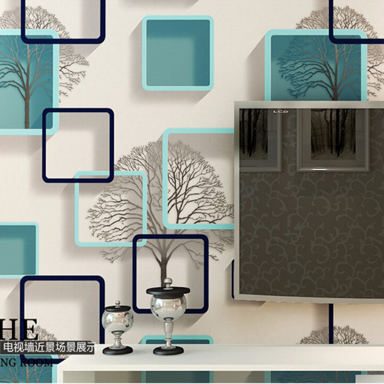 3D stereo square lattice wallpaper abstract black and white branch wallpaper bedroom living room TV background wall wallpaper blue