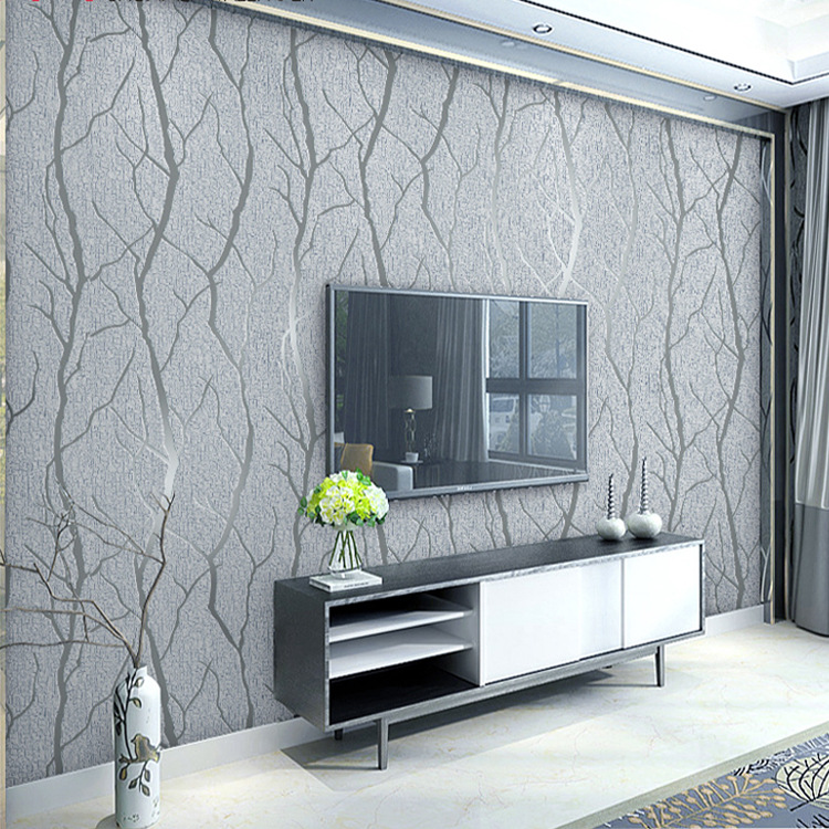 European bedroom warm wallpaper 3D three-dimensional branch striped deerskin velvet wallpaper simple living room TV background wallpaper