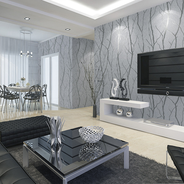 European bedroom warm wallpaper 3D three-dimensional branch striped deerskin velvet wallpaper simple living room TV background wallpaper