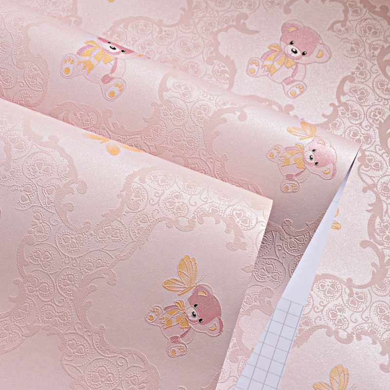 Self-adhesive wallpaper Children's room cartoon bear Boy Girl Bedroom cute pink princess room 3d non-woven wallpaper