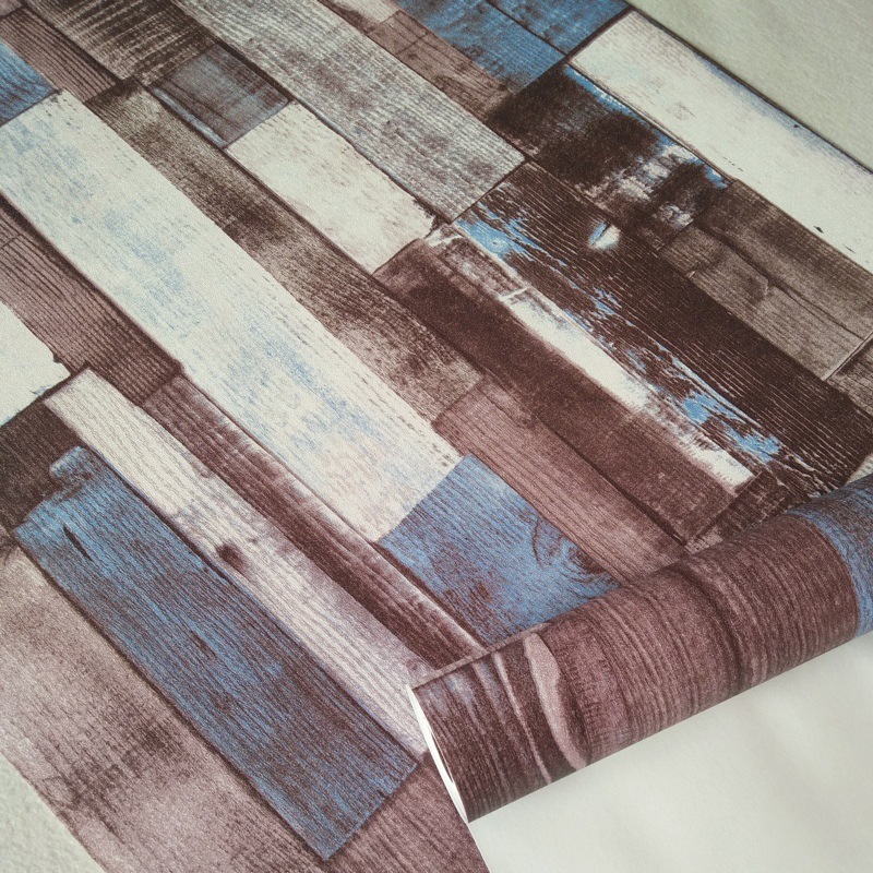 Retro wood grain wallpaper Mediterranean style blue vertical bar nostalgic wood plank shop bar living room wallpaper non-self-adhesive