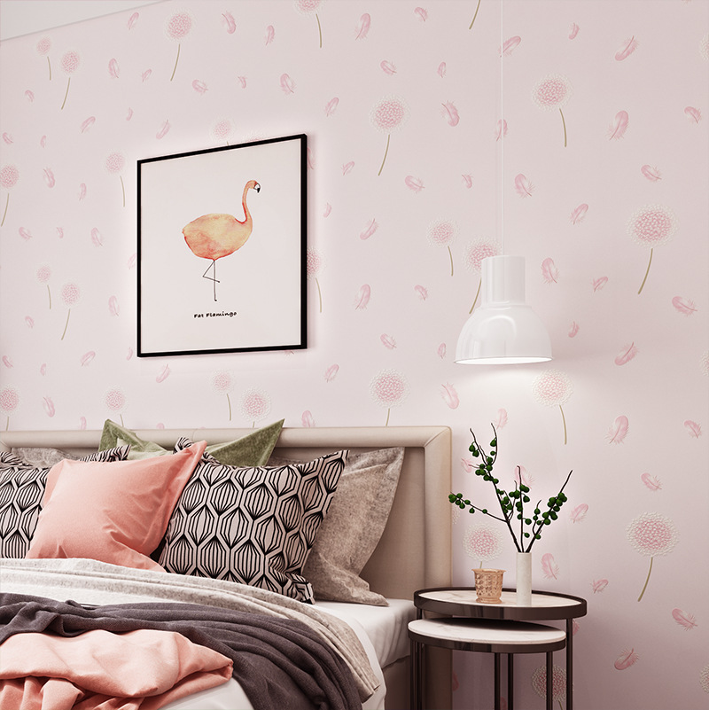 Self-adhesive wallpaper pink dandelion girl background wall Bedroom children's room Princess room marriage room non-woven wallpaper